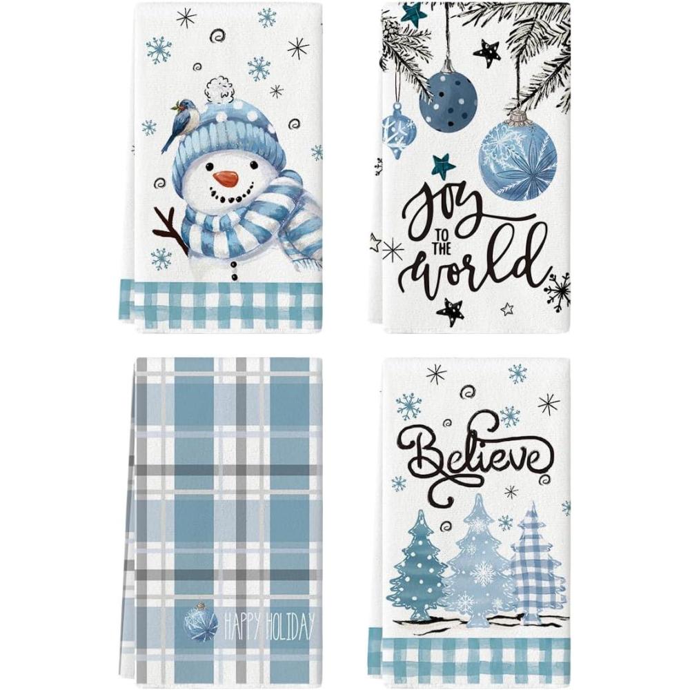 image:imageArtoid Mode Beige Blue Xmas Tree Snowman Christmas Kitchen Towels Dish Towels 18x26 Inch Holiday Believe Bird Winter Decoration Hand Towels Set of 4BlueBeige