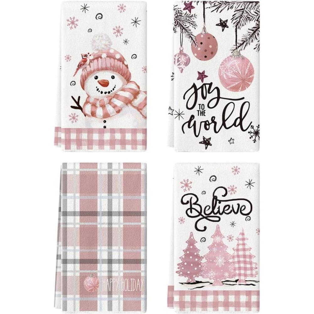 image:imageArtoid Mode Beige Blue Xmas Tree Snowman Christmas Kitchen Towels Dish Towels 18x26 Inch Holiday Believe Bird Winter Decoration Hand Towels Set of 4PinkBeige