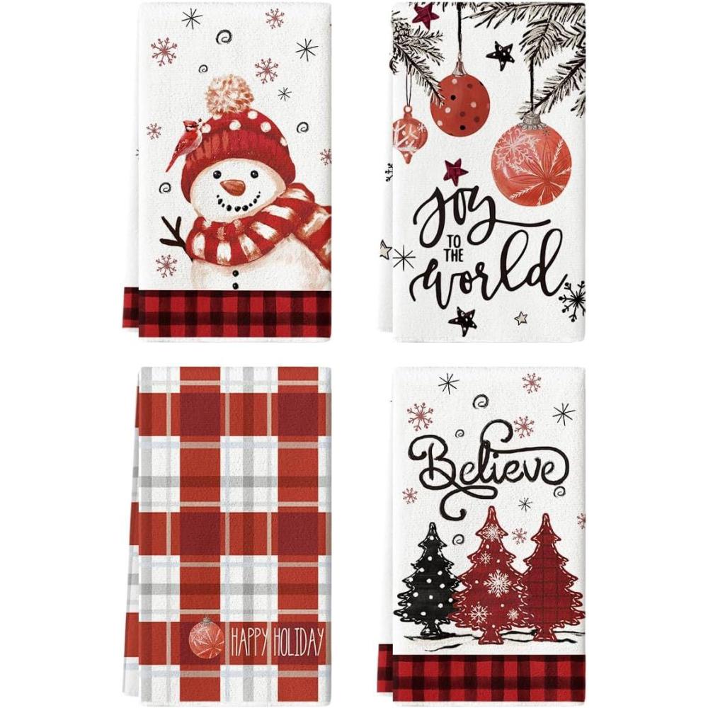 image:imageArtoid Mode Beige Blue Xmas Tree Snowman Christmas Kitchen Towels Dish Towels 18x26 Inch Holiday Believe Bird Winter Decoration Hand Towels Set of 4RedBlack
