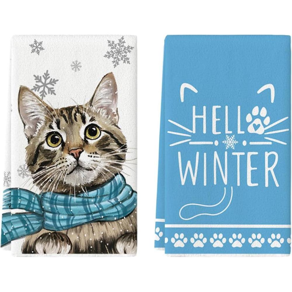 image:imageArtoid Mode Blue Cat Hello Winter Kitchen Towels Dish Towels 18x26 Inch Print Snowflakes Christmas Decoration Hand Towels Set of 2