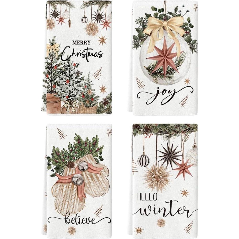 image:imageArtoid Mode Blue Xmas Tree Merry Christmas Kitchen Towels Dish Towels 18x26 Inch Holiday Gloves Ball Hello Winter Decoration Hand Towels Set of 4Beige