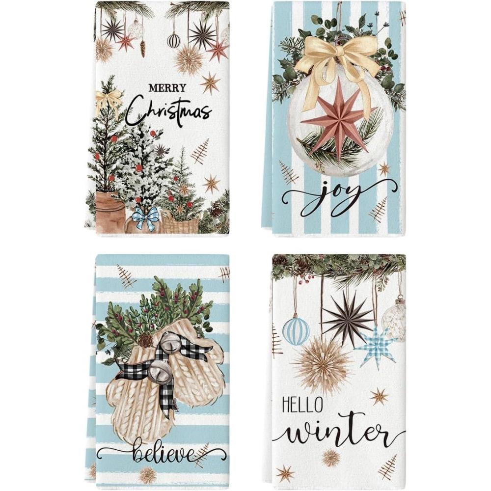 image:imageArtoid Mode Blue Xmas Tree Merry Christmas Kitchen Towels Dish Towels 18x26 Inch Holiday Gloves Ball Hello Winter Decoration Hand Towels Set of 4Blue