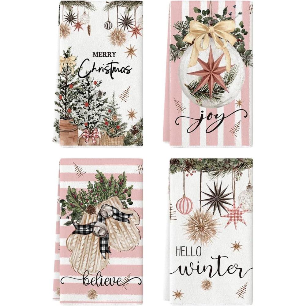 image:imageArtoid Mode Blue Xmas Tree Merry Christmas Kitchen Towels Dish Towels 18x26 Inch Holiday Gloves Ball Hello Winter Decoration Hand Towels Set of 4Pink