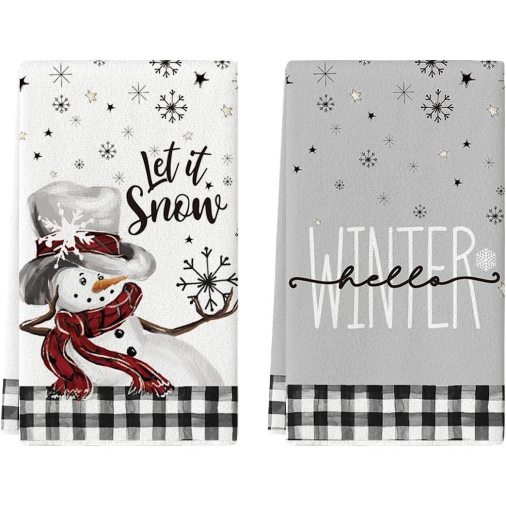 image:imageArtoid Mode Buffalo Plaid Snowman Let It Snow Winter Kitchen Towels Dish Towels 18x26 Inch Daily Seasonal Christmas Decoration Hand Towels Set of 2BlackBeige