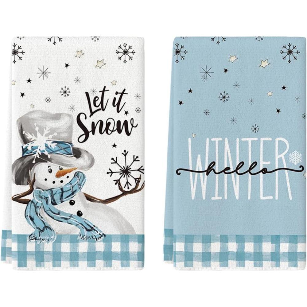 image:imageArtoid Mode Buffalo Plaid Snowman Let It Snow Winter Kitchen Towels Dish Towels 18x26 Inch Daily Seasonal Christmas Decoration Hand Towels Set of 2BlueBeige