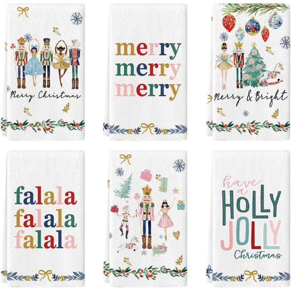 image:imageArtoid Mode Nutcracker Xmas Tree Holly Ornament Motto Merry Christmas Kitchen Towels Dish Towels 18x26 Inch Farmhouse Decoration Hand Towels Set of 6