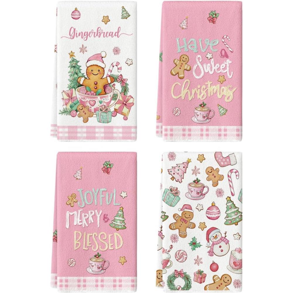 image:imageArtoid Mode Pink Gingerbread Sweet Candy Cane Christmas Kitchen Towels Dish Towels 18x26 Inch Farmhouse Holiday Winter Decoration Cleaning Set of 4Pink