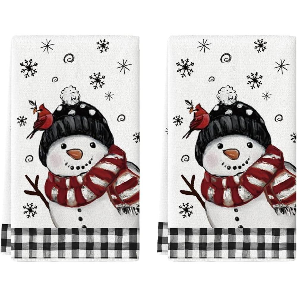 image:imageArtoid Mode Red Buffalo Plaid Bird Snowman Winter Kitchen Towels Dish Towels 18x26 Inch Farmhouse Snowflakes Decoration Cleaning Set of 2BlckRed