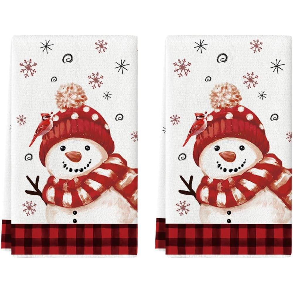 image:imageArtoid Mode Red Buffalo Plaid Bird Snowman Winter Kitchen Towels Dish Towels 18x26 Inch Farmhouse Snowflakes Decoration Cleaning Set of 2Red