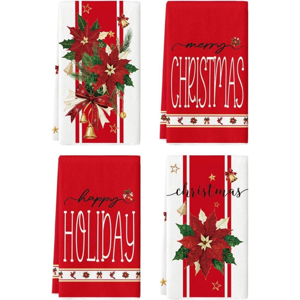 image:imageArtoid Mode Red Robin Poinsettia Bell Christmas Kitchen Towels Dish Towels 18x26 Inch Farmhouse Holiday Winter Decoration Cleaning Set of 4