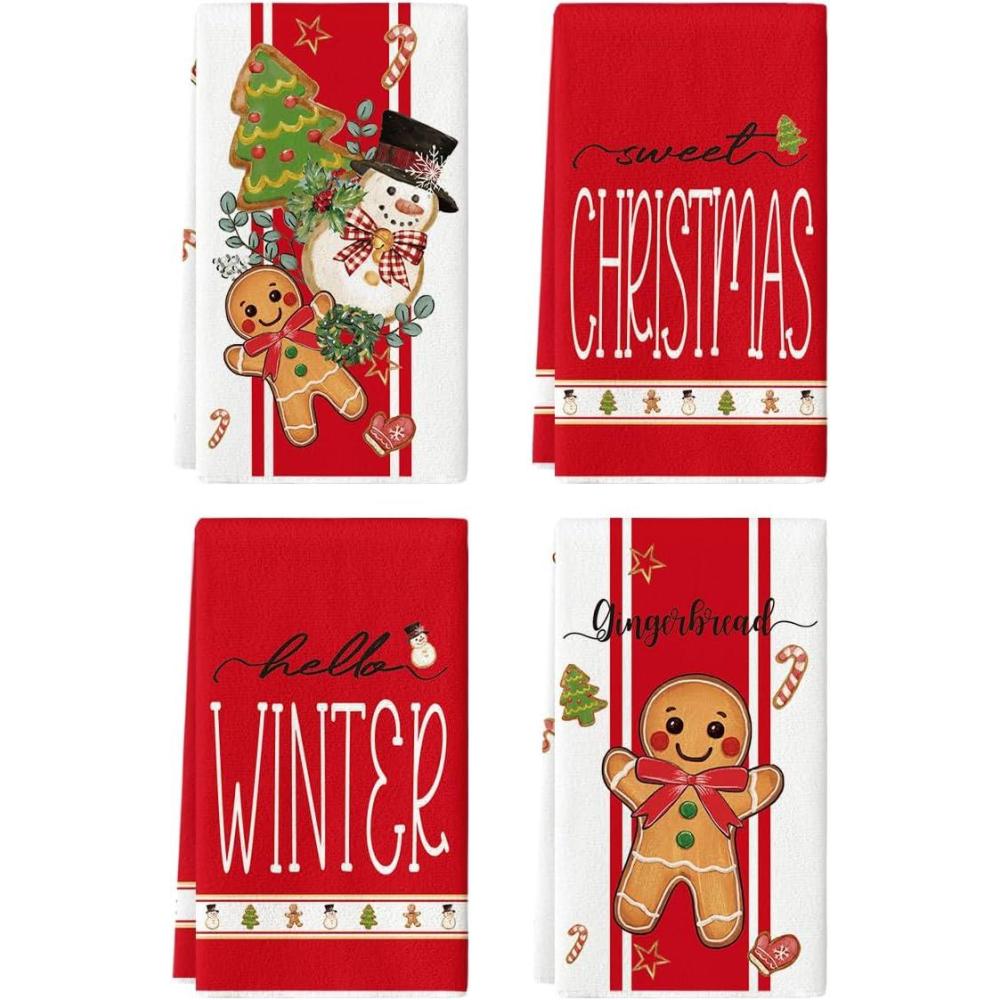 image:imageArtoid Mode Red Snowman Gingerbread Sweet Christmas Kitchen Towels Dish Towels 18x26 Inch Farmhouse Holiday Winter Decoration Cleaning Set of 4Red