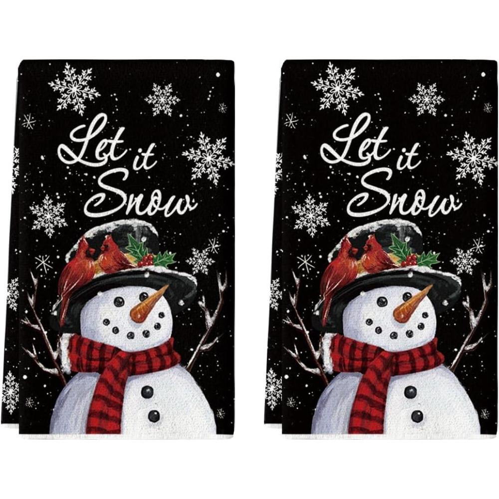 image:imageArtoid Mode Red Snowman Let It Snow Winter Kitchen Towels Dish Towels 18x26 Inch Seasonal Christmas Decoration Hand Towels Set of 2Black