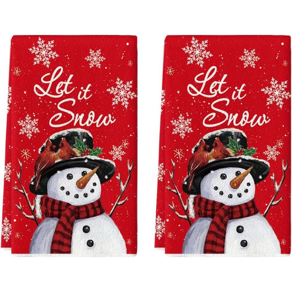 image:imageArtoid Mode Red Snowman Let It Snow Winter Kitchen Towels Dish Towels 18x26 Inch Seasonal Christmas Decoration Hand Towels Set of 2Red
