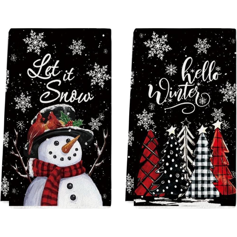image:imageArtoid Mode Red Snowman Let It Snow Xmas Trees Hello Winter Kitchen Towels Dish Towels 18x26 Inch Daily Seasonal Christmas Decoration Hand Towels Set of 2Black