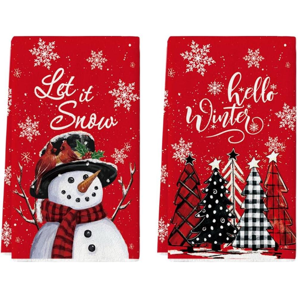 image:imageArtoid Mode Red Snowman Let It Snow Xmas Trees Hello Winter Kitchen Towels Dish Towels 18x26 Inch Daily Seasonal Christmas Decoration Hand Towels Set of 2Red