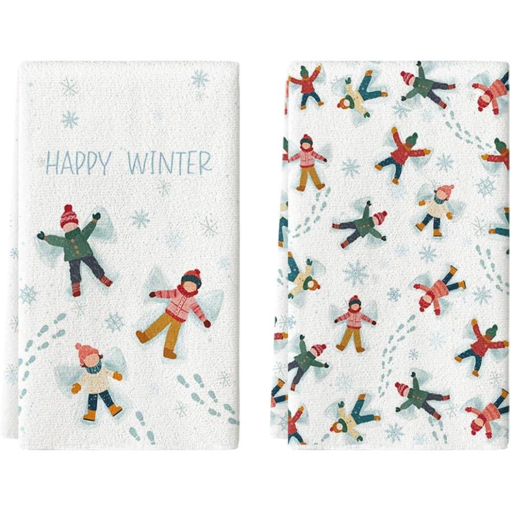 image:imageArtoid Mode Snow Ski Happy Winter Kitchen Towels Dish Towels 18x26 Inch Farmhouse Holiday Snowflake Decoration Cleaning Set of 2