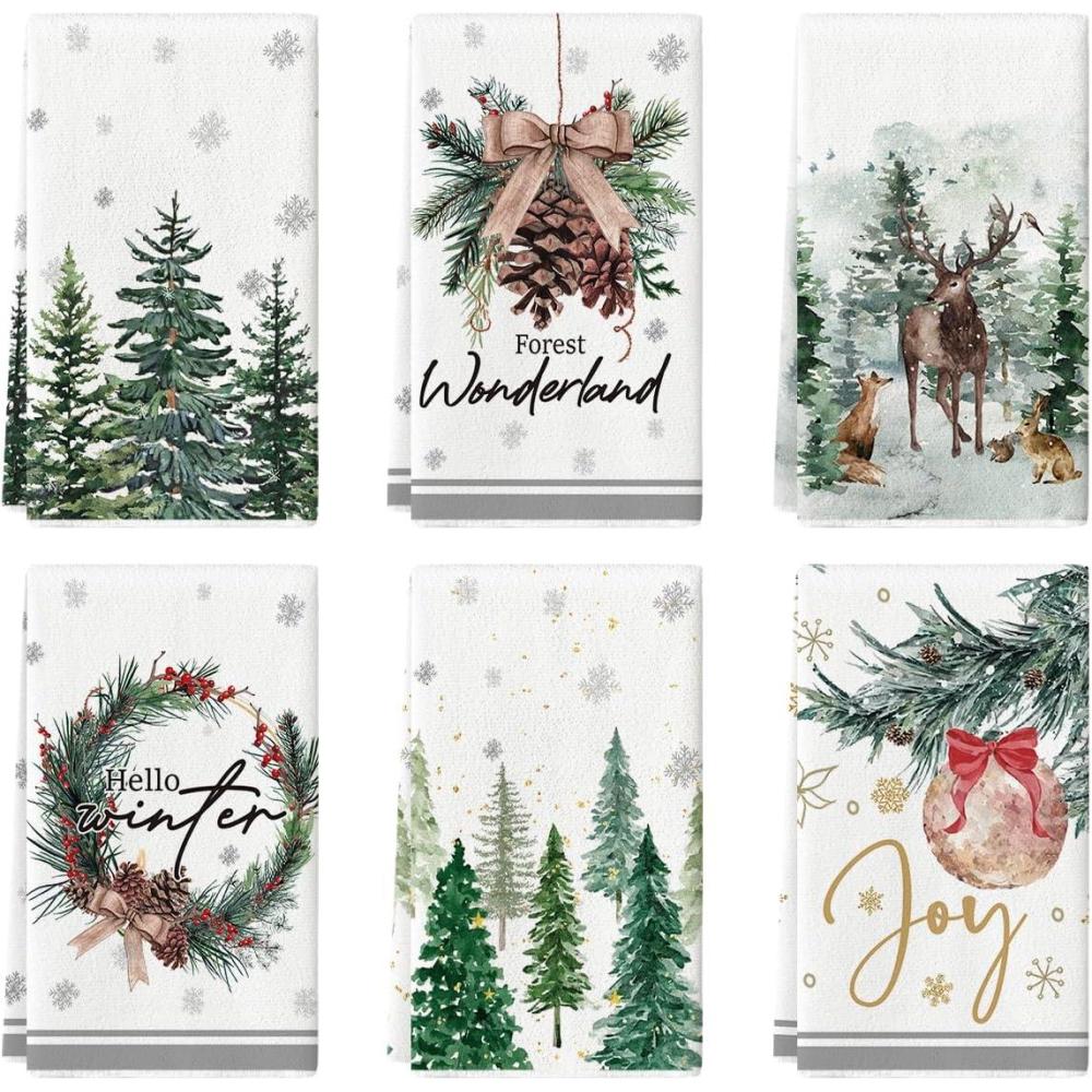 image:imageArtoid Mode Xmas Trees Pine Cone Reindeer Ornament Merry Christmas Kitchen Towels Dish Towels 18x26 Inch Farmhouse Decoration Hand Towels Set of 6