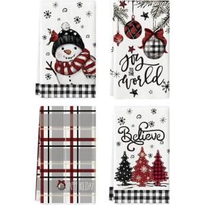 Artoid Mode Beige Blue Xmas Tree Snowman Christmas Kitchen Towels Dish Towels, 18×26 Inch Holiday Believe Bird Winter Decoration Hand Towels Set of 4(Black/Beige)