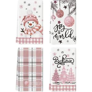 Artoid Mode Beige Blue Xmas Tree Snowman Christmas Kitchen Towels Dish Towels, 18×26 Inch Holiday Believe Bird Winter Decoration Hand Towels Set of 4(Pink/Beige)