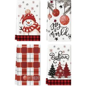 Artoid Mode Beige Blue Xmas Tree Snowman Christmas Kitchen Towels Dish Towels, 18×26 Inch Holiday Believe Bird Winter Decoration Hand Towels Set of 4(Red/Black)