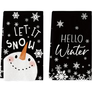 Artoid Mode Black Cute Snowman Snowflake Hello Winter Kitchen Towels Dish Towels, 18×26 Inch Farmhouse Holiday Decoration Cleaning Set of 2(Black)