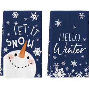 Artoid Mode Black Cute Snowman Snowflake Hello Winter Kitchen Towels Dish Towels, 18×26 Inch Farmhouse Holiday Decoration Cleaning Set of 2(Blue)
