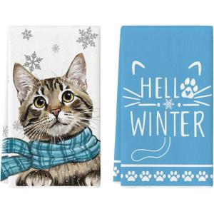 Artoid Mode Blue Cat Hello Winter Kitchen Towels Dish Towels, 18×26 Inch Print Snowflakes Christmas Decoration Hand Towels Set of 2