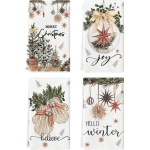 Artoid Mode Blue Xmas Tree Merry Christmas Kitchen Towels Dish Towels, 18×26 Inch Holiday Gloves Ball Hello Winter Decoration Hand Towels Set of 4(Beige)