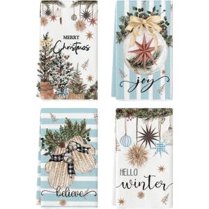 Artoid Mode Blue Xmas Tree Merry Christmas Kitchen Towels Dish Towels, 18×26 Inch Holiday Gloves Ball Hello Winter Decoration Hand Towels Set of 4(Blue)