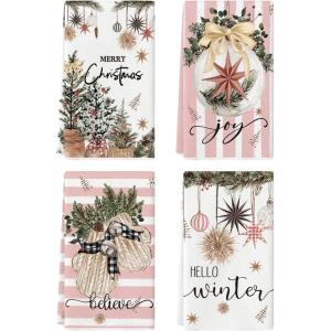 Artoid Mode Blue Xmas Tree Merry Christmas Kitchen Towels Dish Towels, 18×26 Inch Holiday Gloves Ball Hello Winter Decoration Hand Towels Set of 4(Pink)