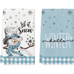 Artoid Mode Buffalo Plaid Snowman Let It Snow Winter Kitchen Towels Dish Towels, 18×26 Inch Daily Seasonal Christmas Decoration Hand Towels Set of 2(Blue/Beige)