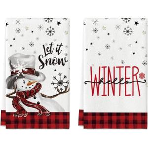 Artoid Mode Buffalo Plaid Snowman Let It Snow Winter Kitchen Towels Dish Towels, 18×26 Inch Daily Seasonal Christmas Decoration Hand Towels Set of 2(Red/Black)
