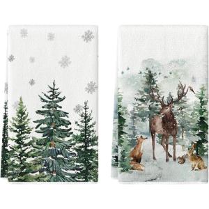 Artoid Mode Elk Trees Snow Hello Winter Kitchen Towels Dish Towels, 18×26 Inch Seasonal Christmas Decoration Hand Towels Set of 2