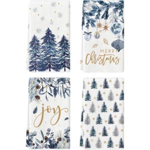Artoid Mode Green Xmas Tree Ornament Christmas Kitchen Towels Dish Towels, 18×26 Inch Farmhouse Holiday Snowflake Winter Decoration Cleaning Set of 4(Blue)
