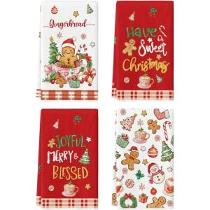 Artoid Mode Pink Gingerbread Sweet Candy Cane Christmas Kitchen Towels Dish Towels, 18×26 Inch Farmhouse Holiday Winter Decoration Cleaning Set of 4(Red)