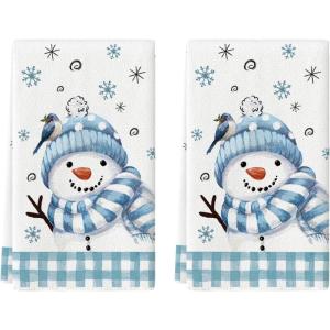 Artoid Mode Red Buffalo Plaid Bird Snowman Winter Kitchen Towels Dish Towels, 18×26 Inch Farmhouse Snowflakes Decoration Cleaning Set of 2(Blue)
