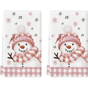 Artoid Mode Red Buffalo Plaid Bird Snowman Winter Kitchen Towels Dish Towels, 18×26 Inch Farmhouse Snowflakes Decoration Cleaning Set of 2(Pink)
