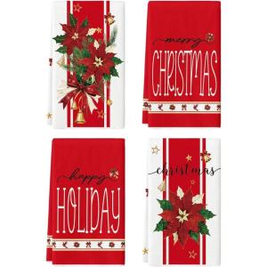 Artoid Mode Red Robin Poinsettia Bell Christmas Kitchen Towels Dish Towels, 18×26 Inch Farmhouse Holiday Winter Decoration Cleaning Set of 4