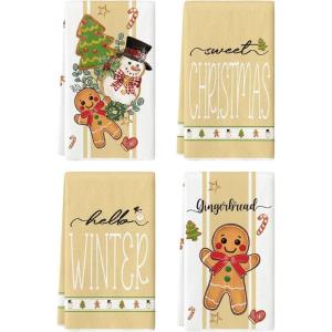 Artoid Mode Red Snowman Gingerbread Sweet Christmas Kitchen Towels Dish Towels, 18×26 Inch Farmhouse Holiday Winter Decoration Cleaning Set of 4(Brown)