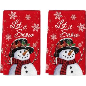 Artoid Mode Red Snowman Let It Snow Winter Kitchen Towels Dish Towels, 18×26 Inch Seasonal Christmas Decoration Hand Towels Set of 2(Red)