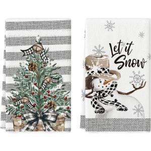 Artoid Mode Xmas Tree Snowman Winter Kitchen Towels Dish Towels, 18×26 Inch Holiday Let It Snow Christmas Decoration Hand Towels Set of 2