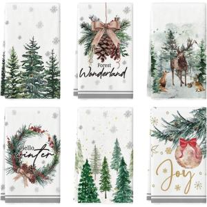 Artoid Mode Xmas Trees Pine Cone Reindeer Ornament Merry Christmas Kitchen Towels Dish Towels, 18×26 Inch Farmhouse Decoration Hand Towels Set of 6