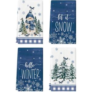 Artoid Mode Xmas Trees Snowman Bird Hello Winter Kitchen Towels Dish Towels, 18×26 Inch Farmhouse Holiday Snowflake Decoration Cleaning Set of 4