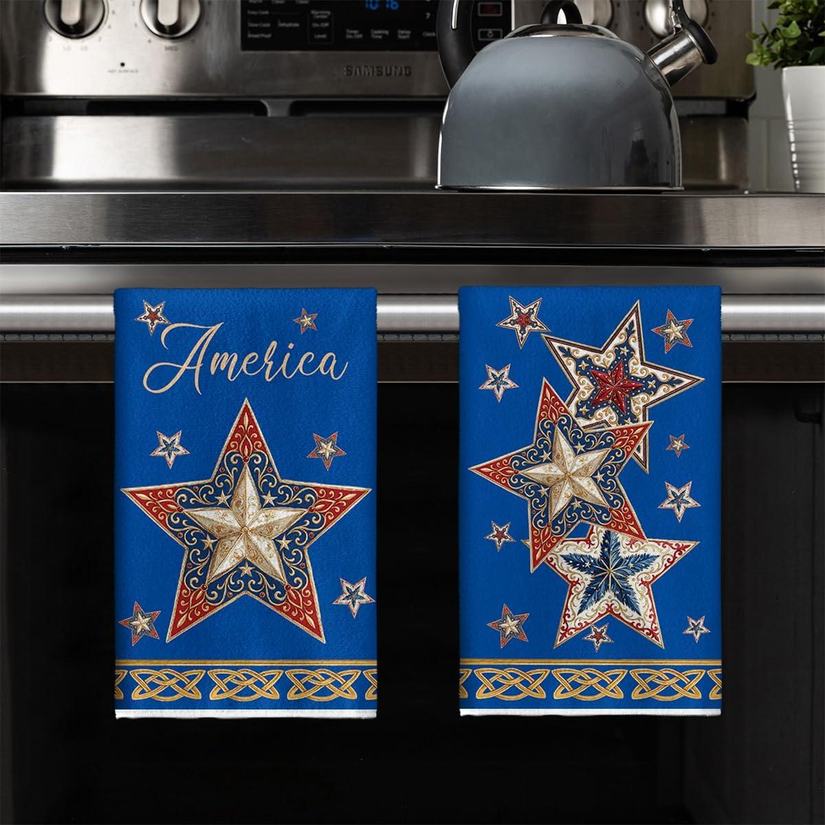 image:imageArtoid Mode Beige Lace Star America 4th of July Kitchen Towels Dish Towels 18x26 Inch Independence Day Decoration Cleaning Set of 2Blue