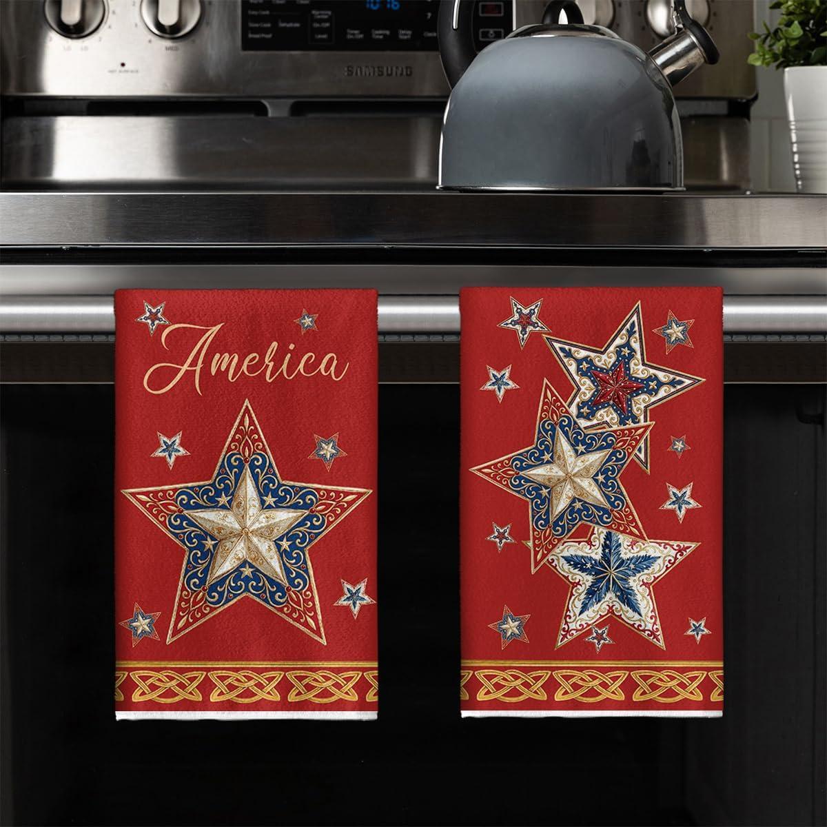 image:imageArtoid Mode Beige Lace Star America 4th of July Kitchen Towels Dish Towels 18x26 Inch Independence Day Decoration Cleaning Set of 2Red