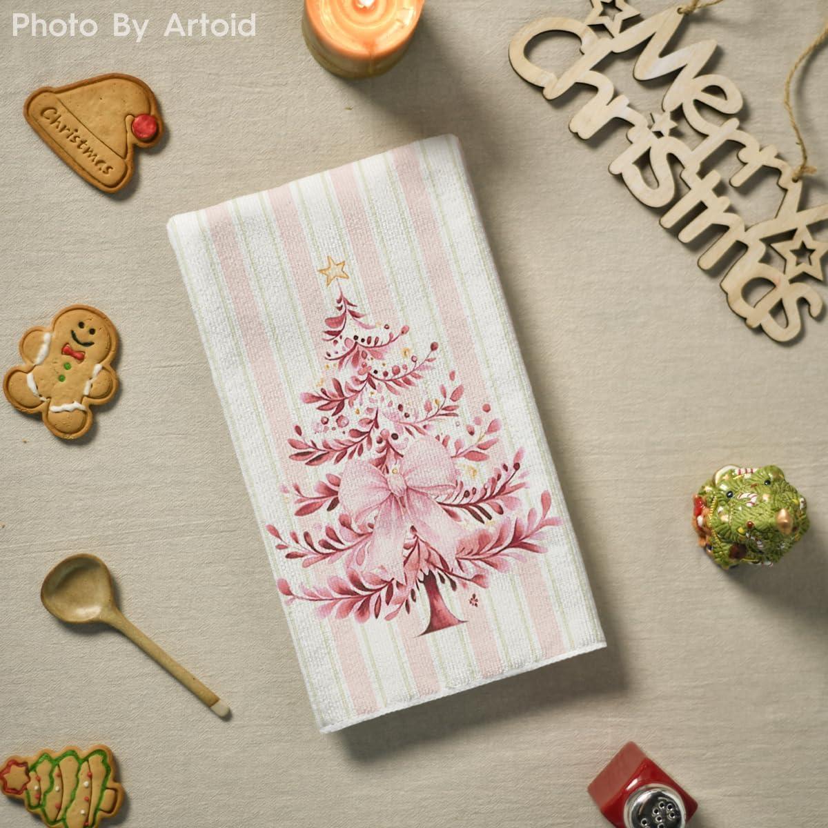 image:imageArtoid Mode Blue Stripe Porcelain Xmas Tree Christmas Kitchen Towels Dish Towels 18x26 Inch Farmhouse Ornaments Winter Decoration Cleaning Set of 2Pink