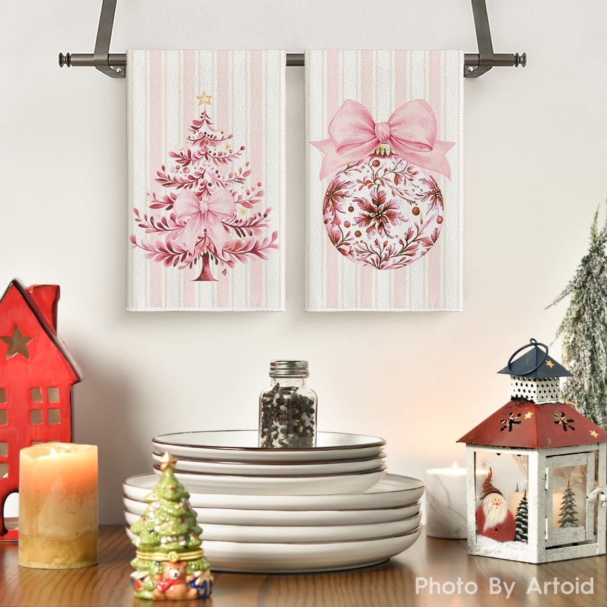 image:imageArtoid Mode Blue Stripe Porcelain Xmas Tree Christmas Kitchen Towels Dish Towels 18x26 Inch Farmhouse Ornaments Winter Decoration Cleaning Set of 2Pink