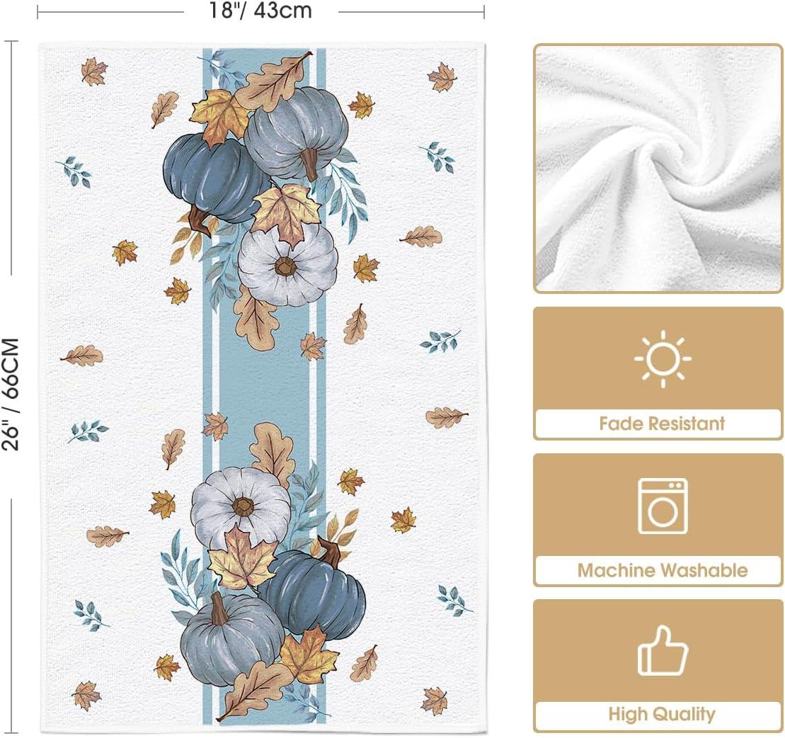 image:imageArtoid Mode Blue Stripes Polka Dot Pumpkin Fall Kitchen Towels Dish Towels 18x26 Inch Farmhouse Maple Leaves Autumn Decoration Hand Towels Set of 4Blue