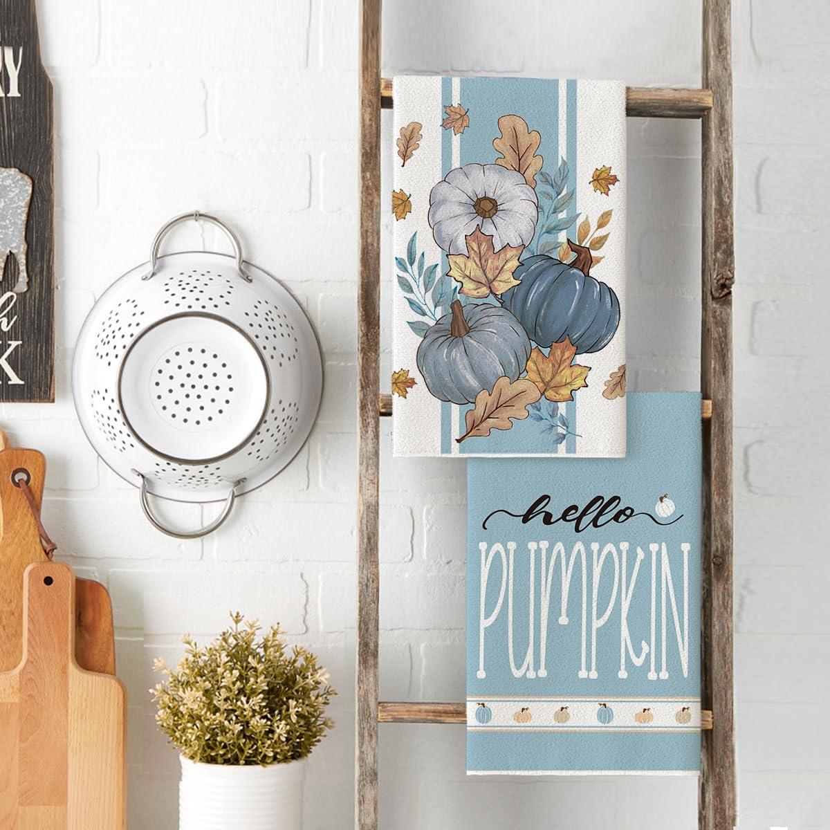 image:imageArtoid Mode Blue Stripes Polka Dot Pumpkin Fall Kitchen Towels Dish Towels 18x26 Inch Farmhouse Maple Leaves Autumn Decoration Hand Towels Set of 4Blue