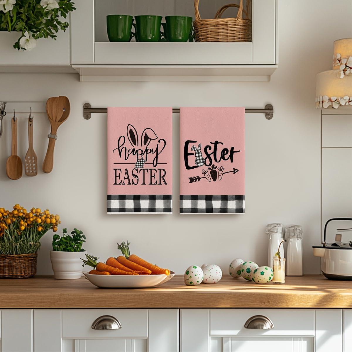 image:imageArtoid Mode Buffalo Plaid Rabbit Carrot Truck Bunny Eggs Easter Spring Kitchen Towels Dish Towels 18x26 Inch Farmhouse Summer Decoration Cleaning Set of 4